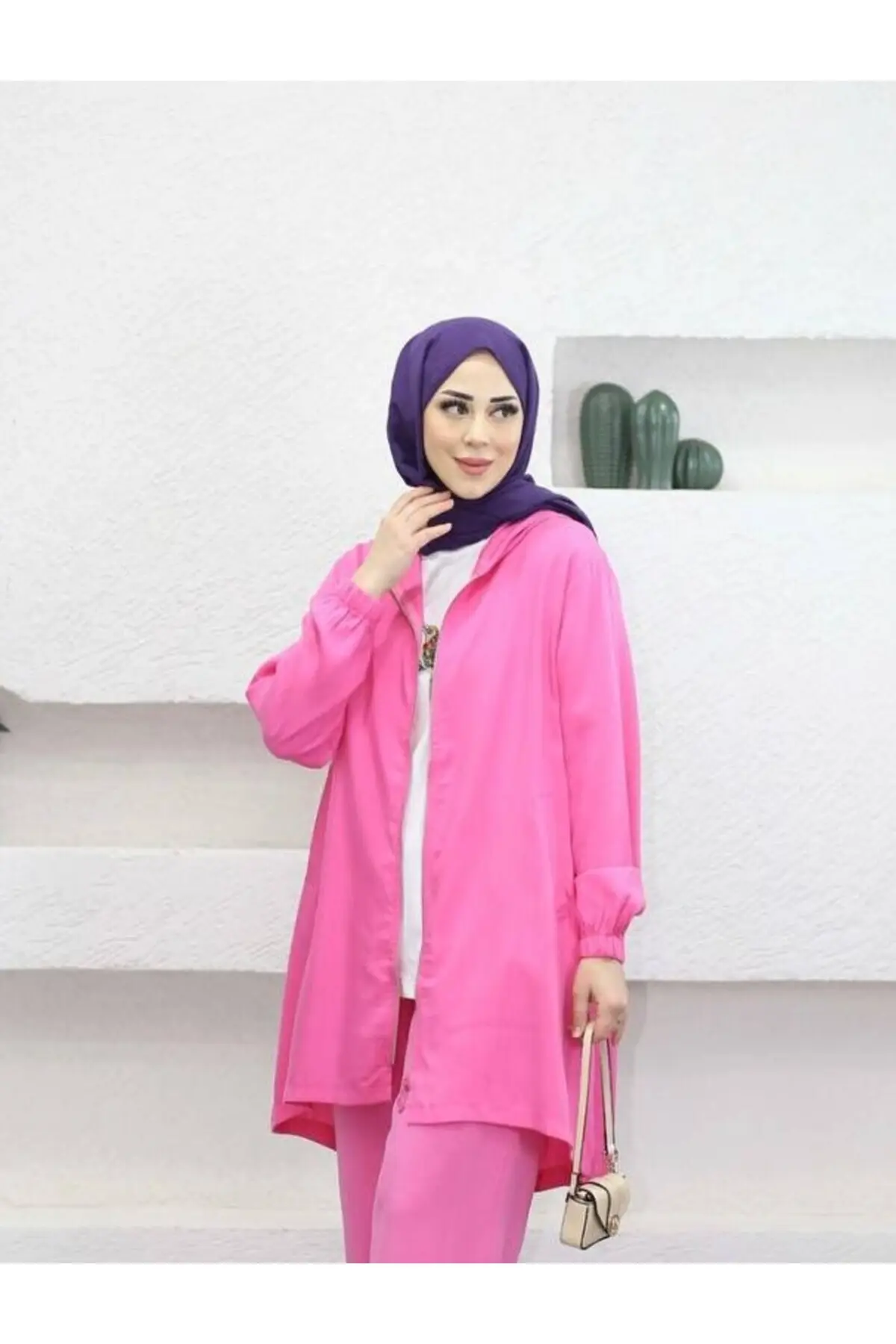 9026 - Rahat Fermuarlı Cepli Kapüşonlu Uzun Tunik - Fuşya