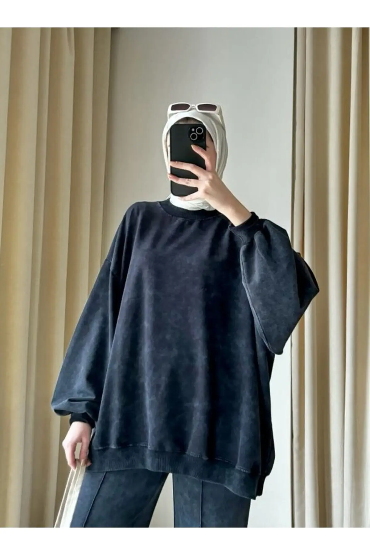 9033 - 2 Iplik Soft Yıkamalı Salaş Basic Kadın Sweatshirt - Siyah