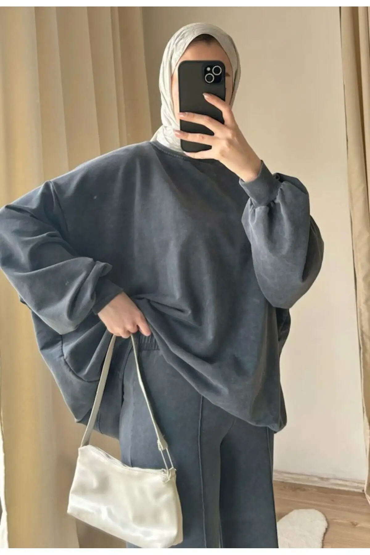 9033 - 2 Iplik Soft Yıkamalı Salaş Basic Kadın Sweatshirt - Füme