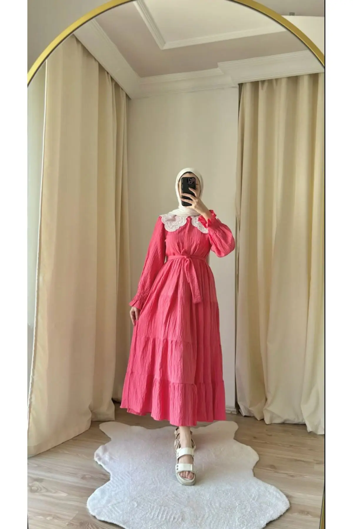 9120 - Yakası Dantelli Rahat-Şık Boydan Kadın Elbisesi - Pembe