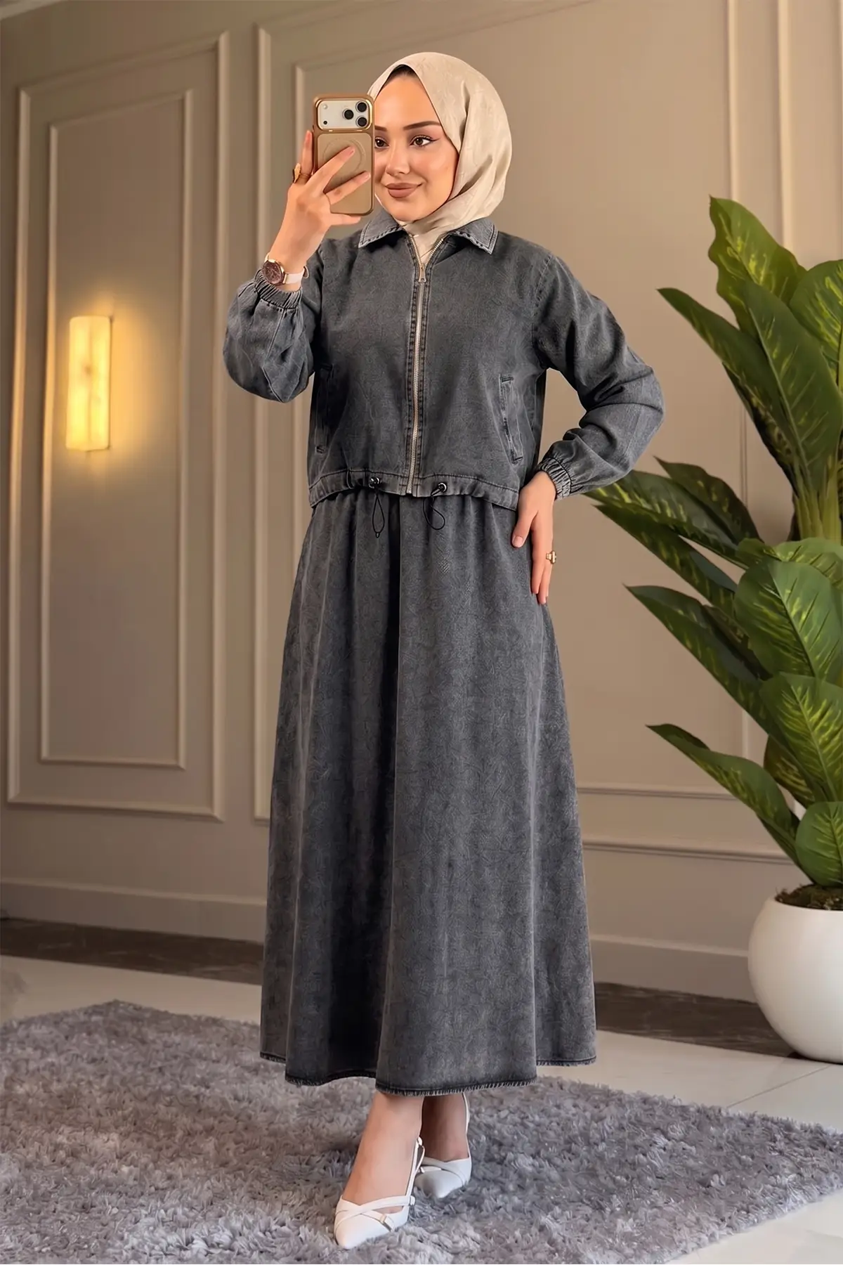 9127 - Şık Rahat Full Fermuar Detaylı Kadın Kot Etek Gömlek Takımı - Siyah