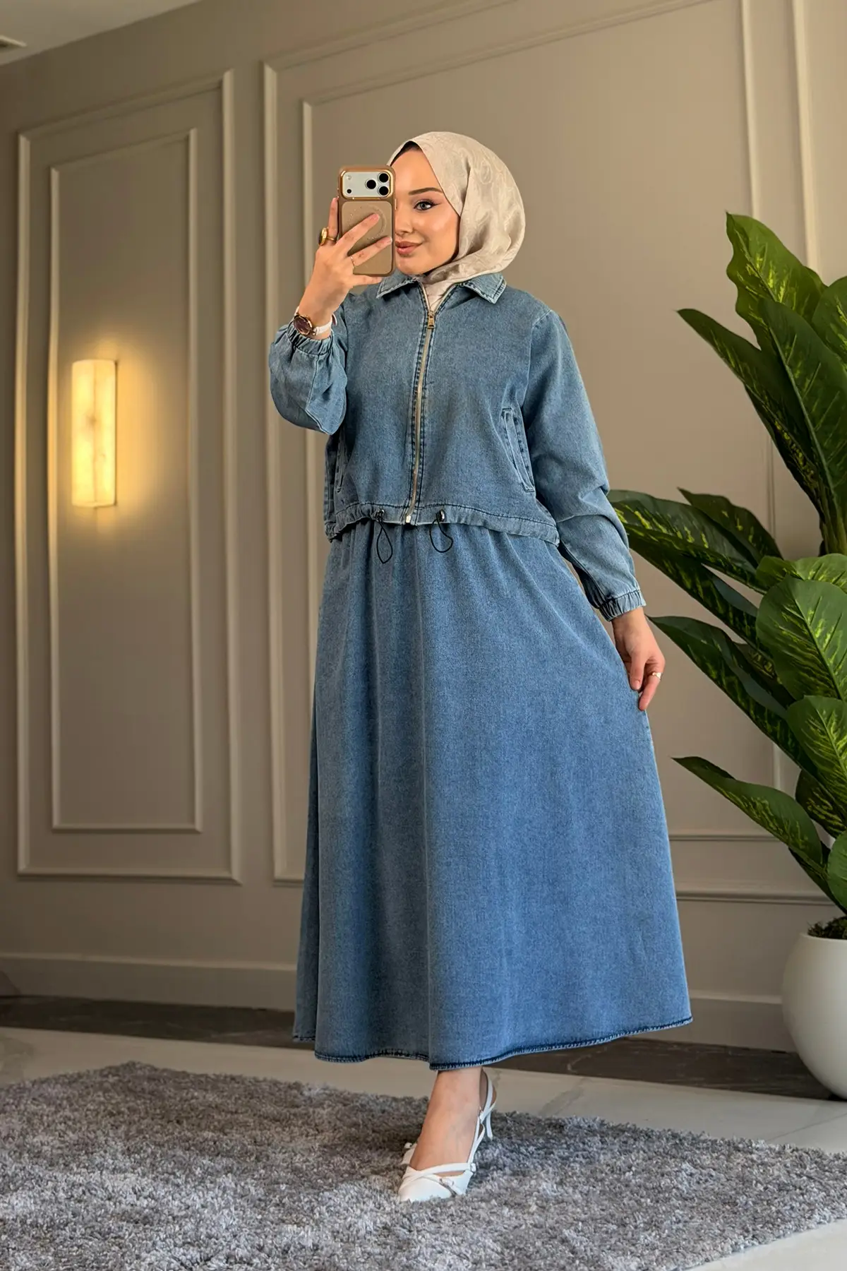 9127 - Şık Rahat Full Fermuar Detaylı Kadın Kot Etek Gömlek Takımı - Mavi