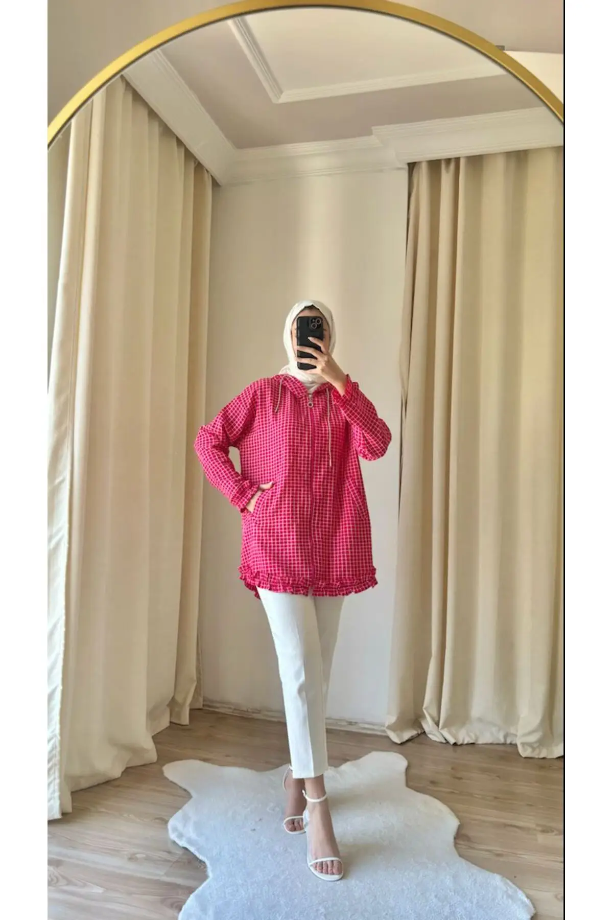 9238 - Poplin Boğaziçi Kareli Fermuarlı Kadın Gömlek