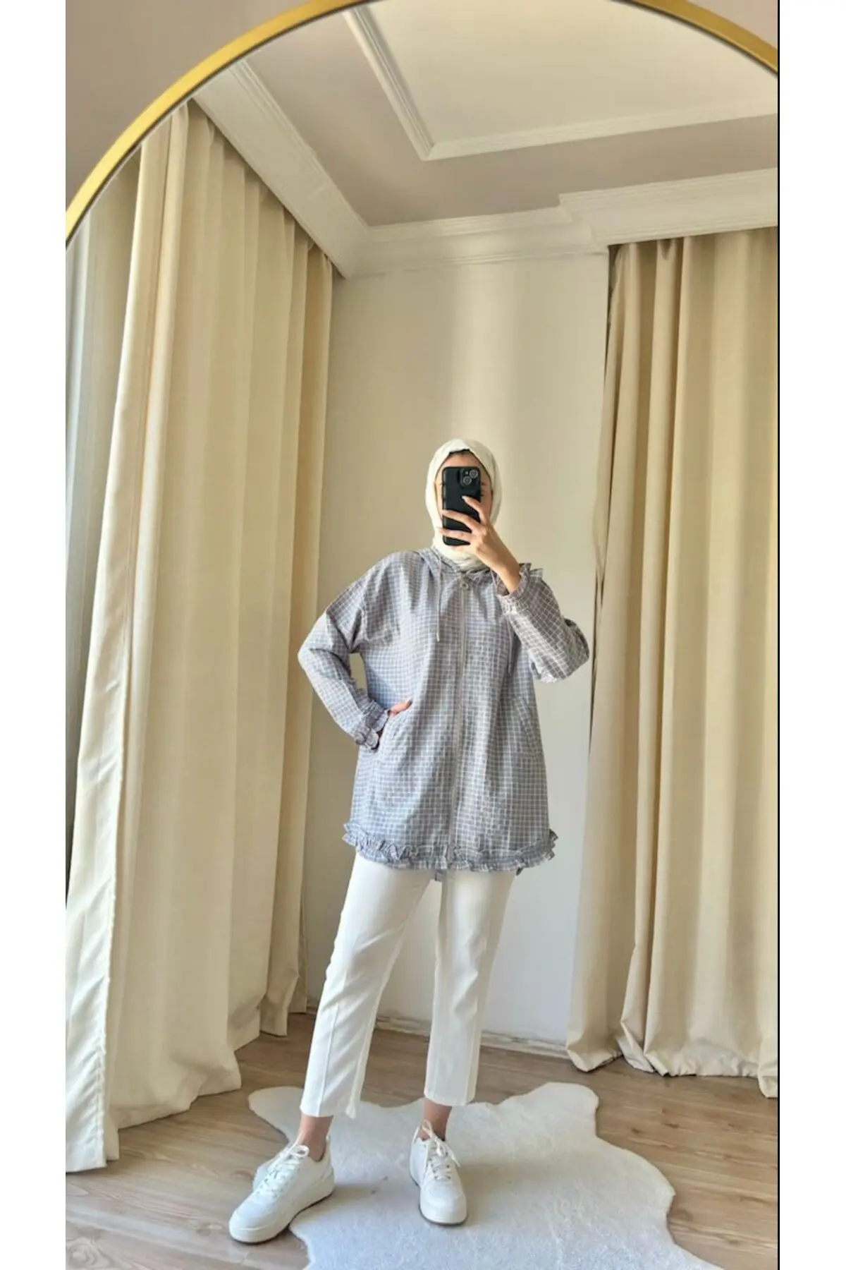 9238 - Poplin Boğaziçi Kareli Fermuarlı Kadın Gömlek - Gri