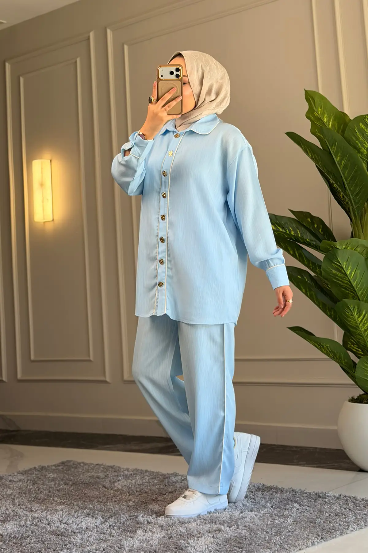 9261 - Şık Rahat Arabiyeli Kadın Saten Pantolon Gömlek Takımı - Bebe Mavi