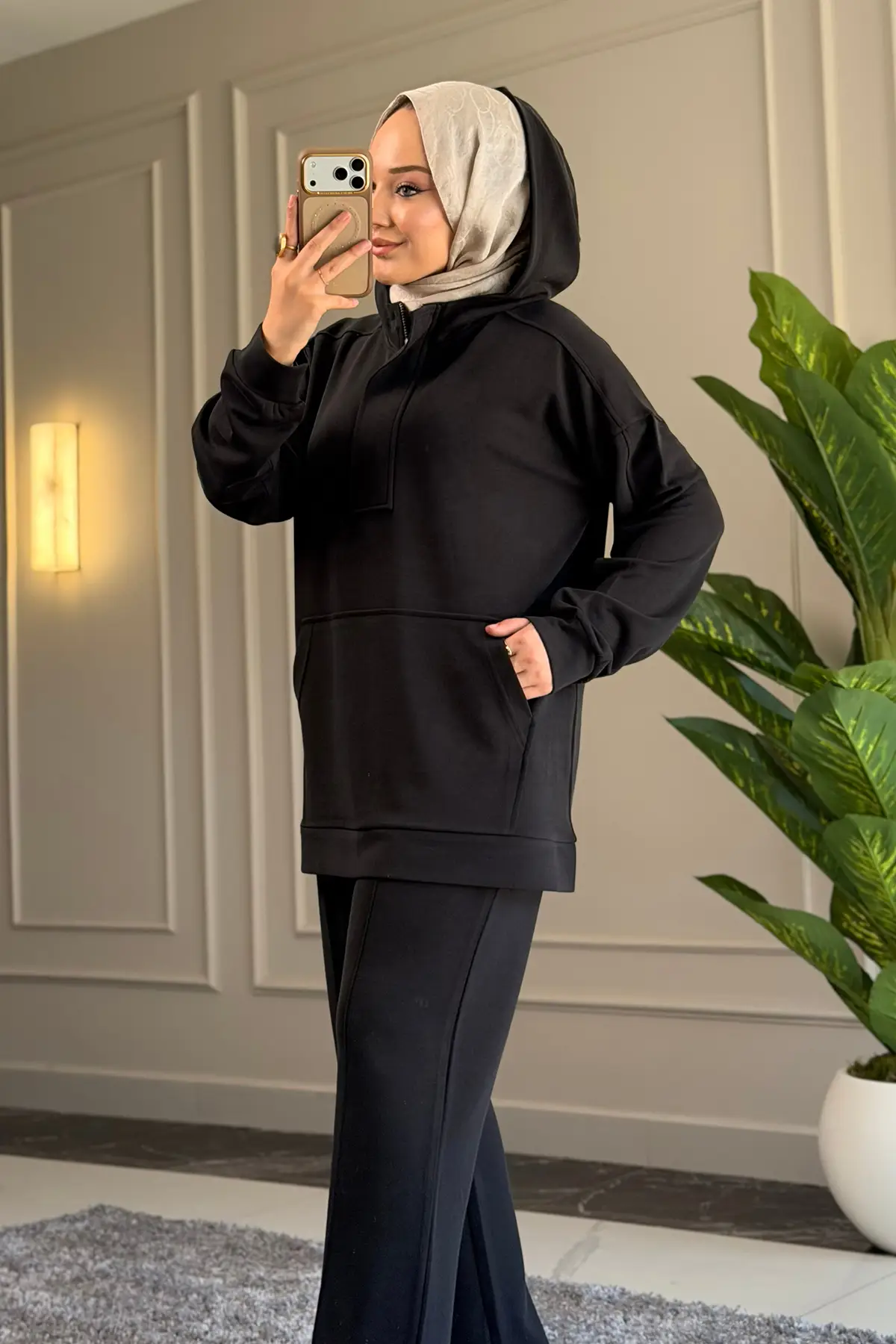 9285 - Rahat, Salaş Cupra Oversize Rahat-Şık-Salaş Kadın Kapüşonlu Pantolon Takımı
