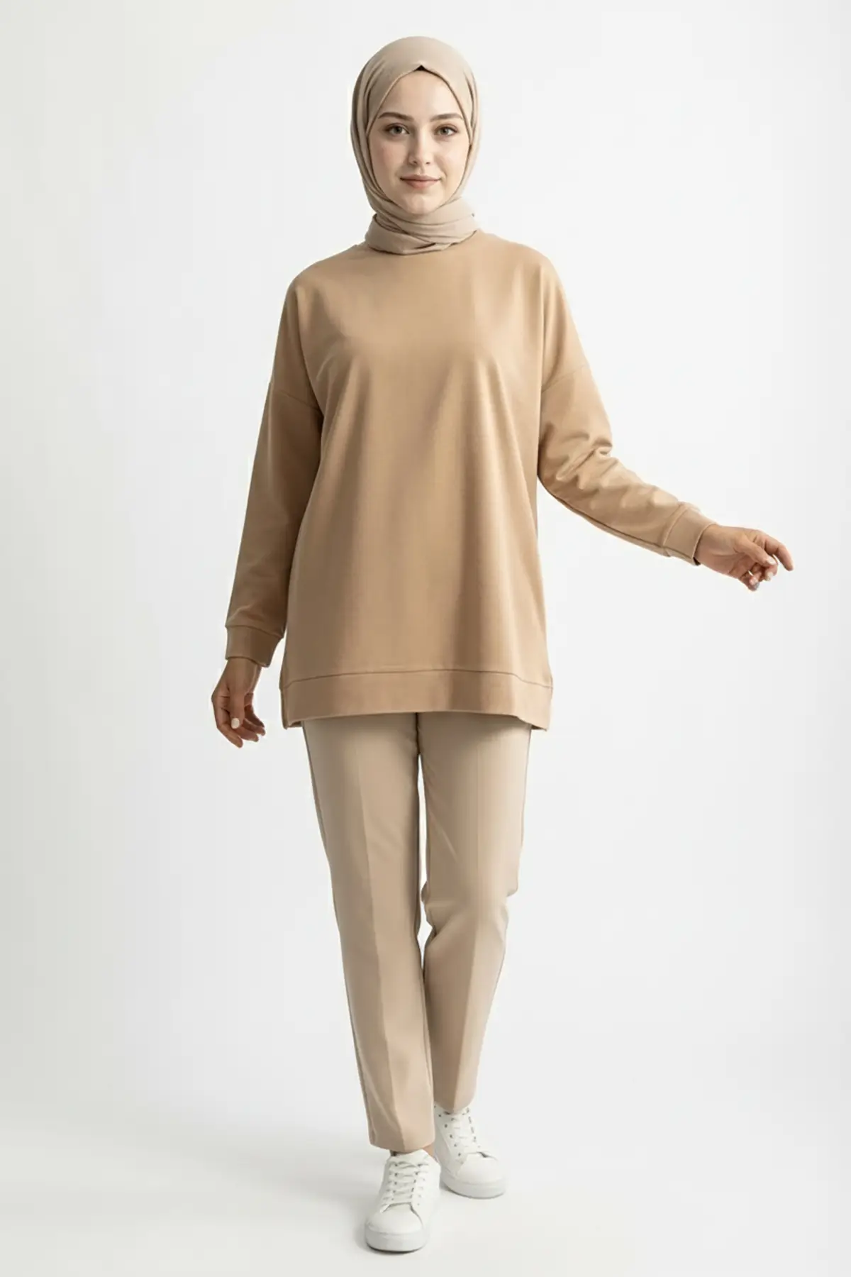 A5415 -2 İplik İnce Rahat, Basic Düz Kadın Uzun Sweatshirt