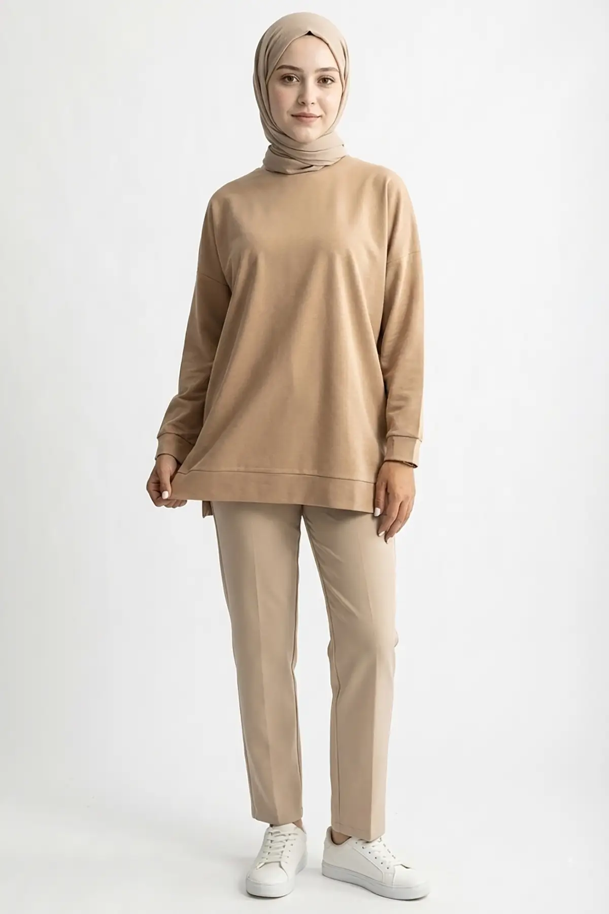 A5415 -2 İplik İnce Rahat, Basic Düz Kadın Uzun Sweatshirt - Vizon