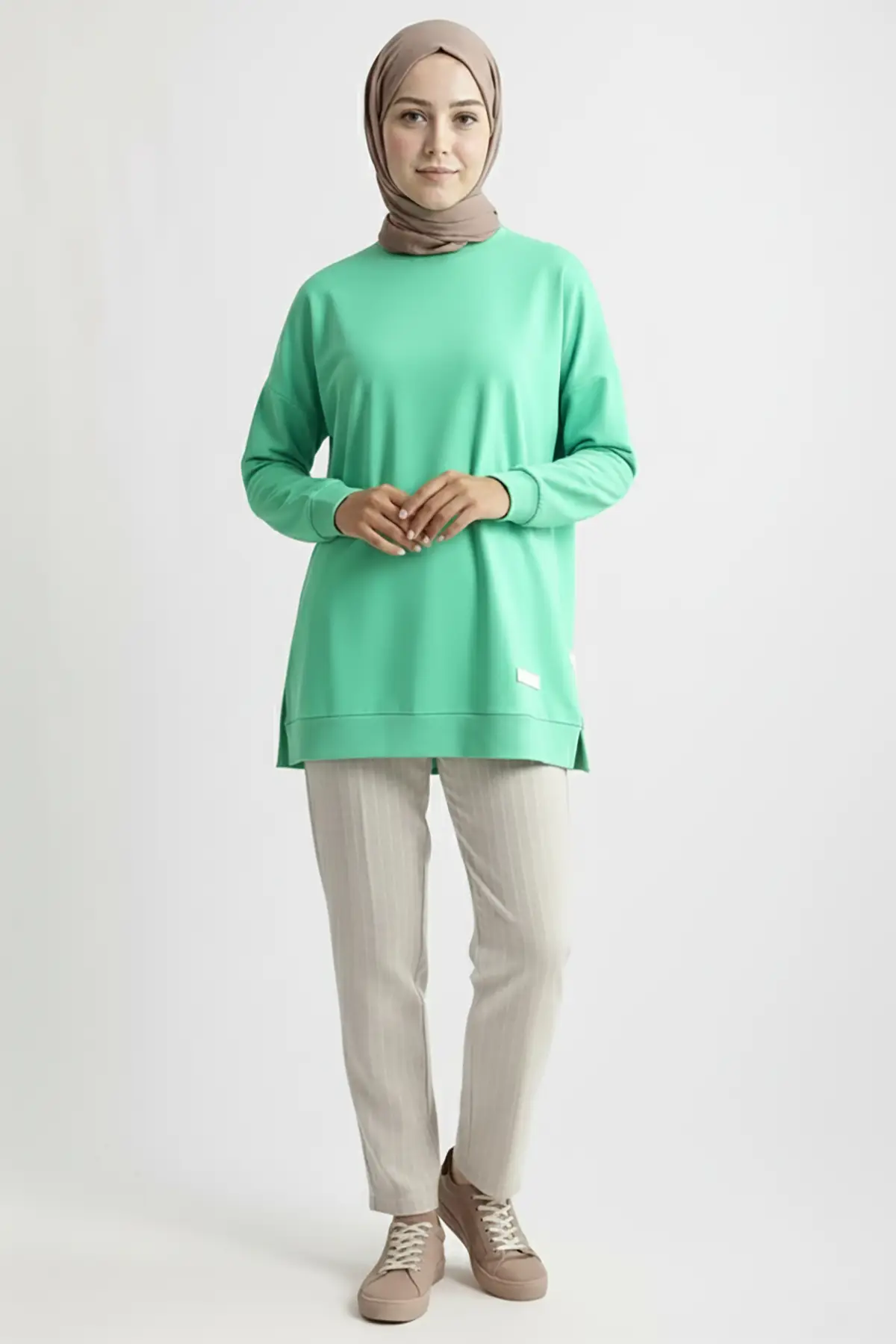 A5415 -2 İplik İnce Rahat, Basic Düz Kadın Uzun Sweatshirt - Turkuaz