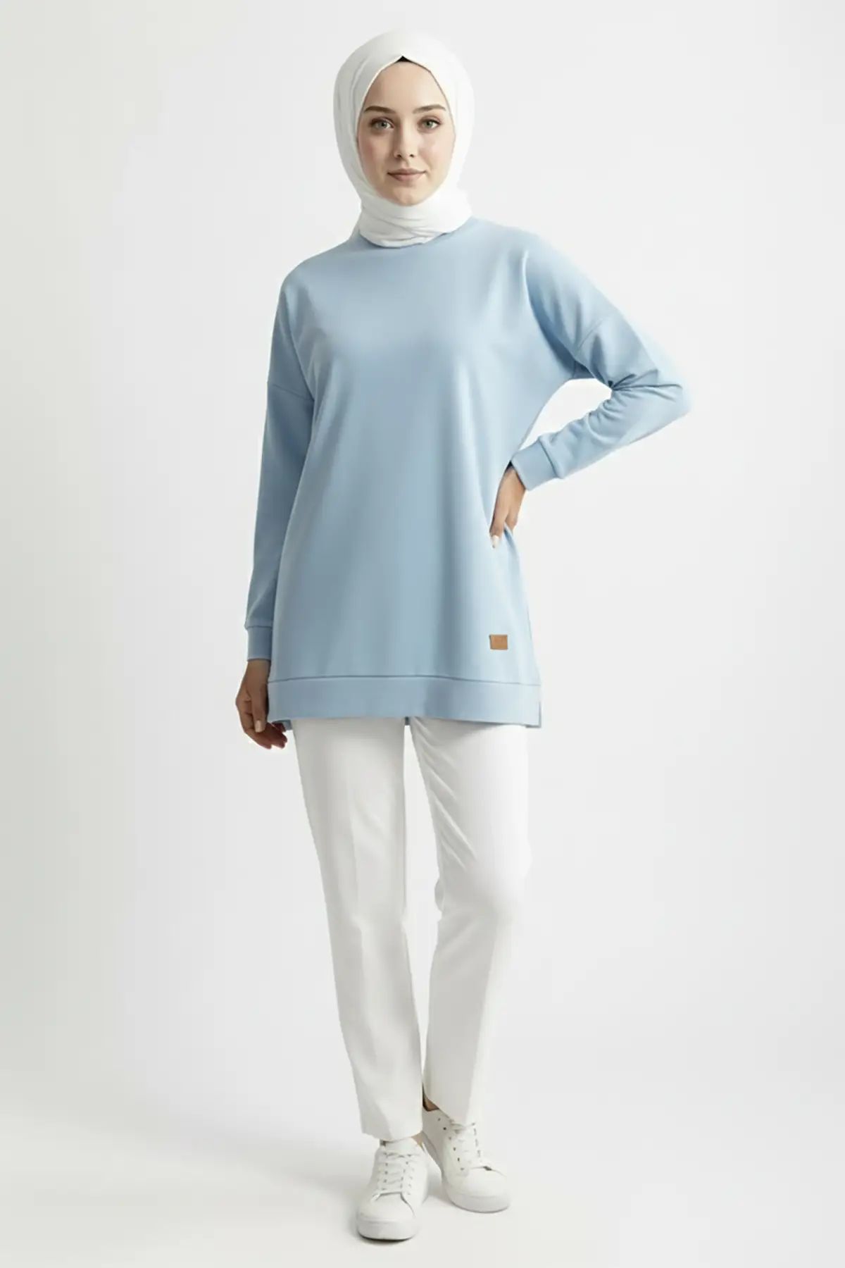 A5415 -2 İplik İnce Rahat, Basic Düz Kadın Uzun Sweatshirt - Bebe Mavi