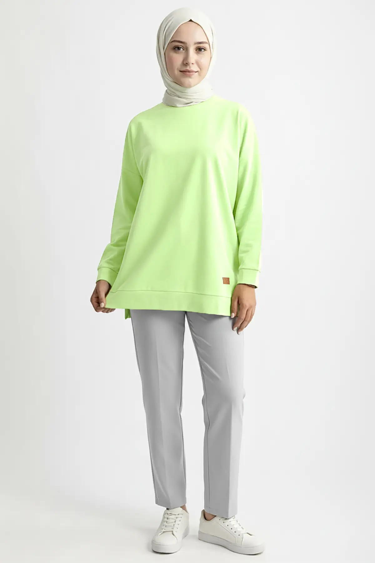 A5415 -2 İplik İnce Rahat, Basic Düz Kadın Uzun Sweatshirt - Yeşil